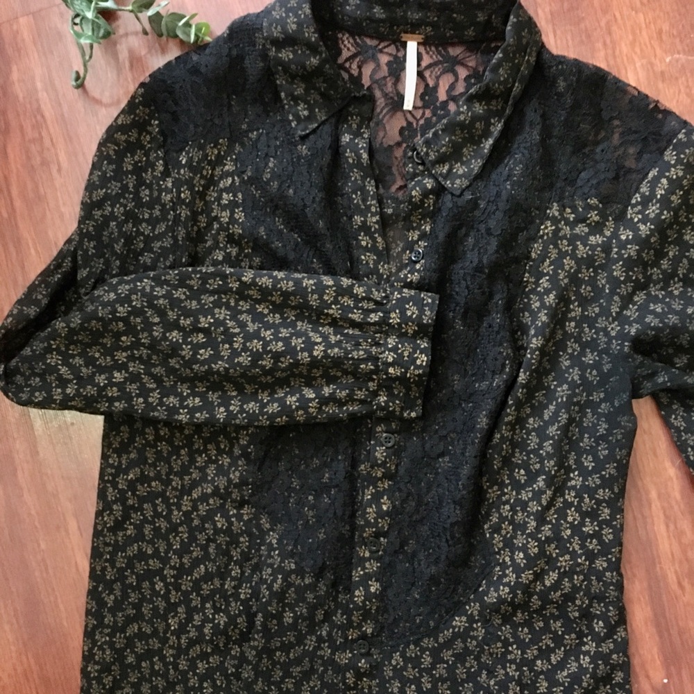 Sheer button down blouse with lace